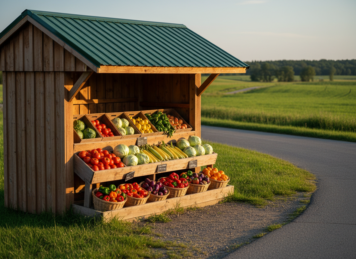 A charming roadside farm stand in Ashland, Virginia, built from warm, weathered wood with a deep green metal roof, overflowing with neatly arranged crates of colorful fresh produce. Glossy red tomatoes, pale green cabbages, golden sweet corn, and baskets of mixed heirloom peppers line tiered shelves, with small chalkboard-style price markers shown only as dark rectangular shapes without readable text. The stand sits beside a narrow country lane bordered by lush fields. Late afternoon golden hour sunlight washes across the scene, creating soft, elongated shadows and rich highlights on the vegetables. Photographic realism, eye-level composition with a gentle wide-angle lens, sharp focus on the stand and produce, subtly blurred background fields, evoking a professional yet warmly welcoming community atmosphere.