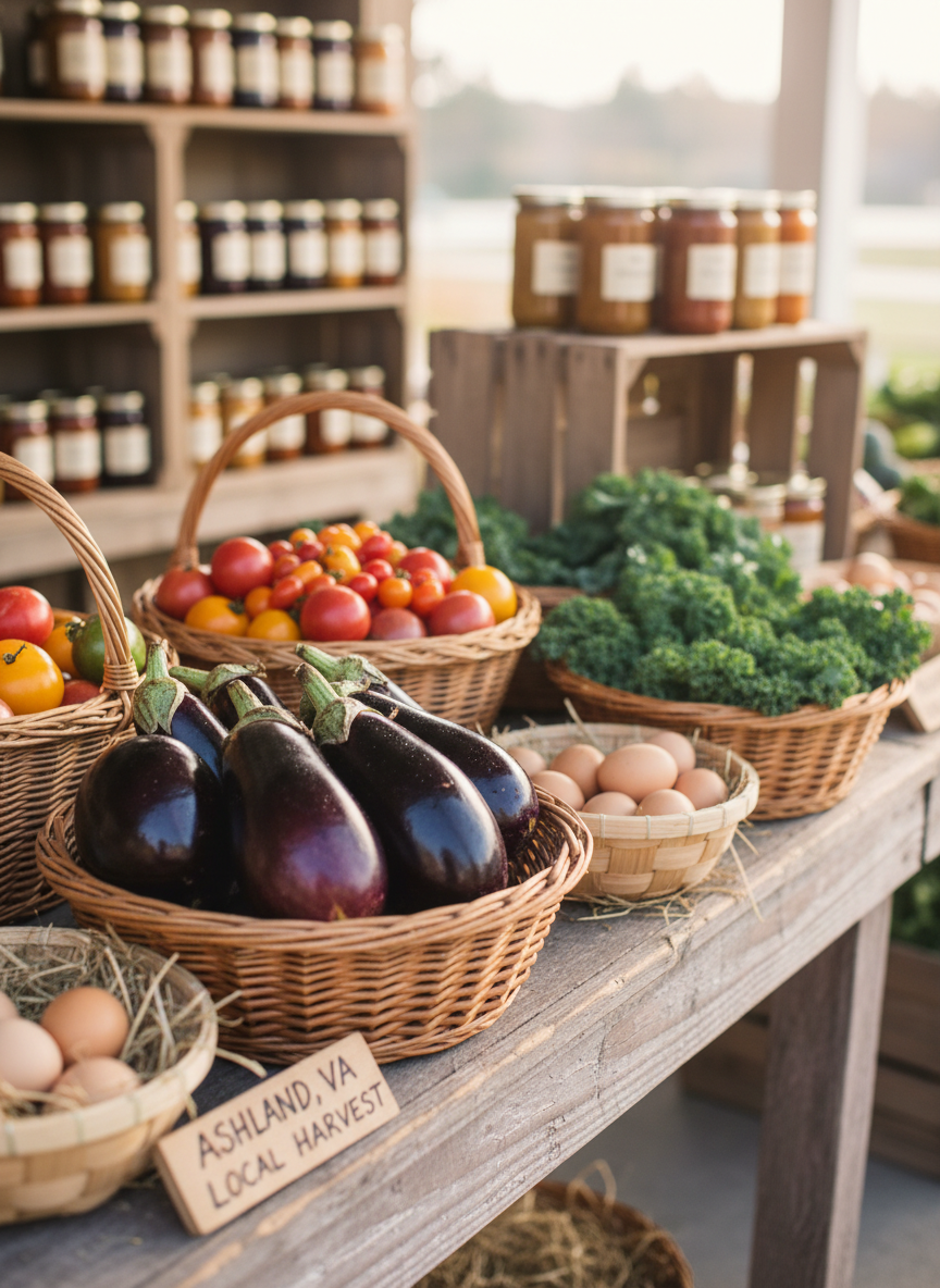 A close-up, photographic view of a rustic wooden display table at a local farm stand, piled high with dew-kissed vegetables and fruits. Tight wicker baskets brim with multicolored cherry tomatoes, deep purple eggplants with glossy skins, curly kale leaves, and speckled farm eggs nestled in straw. In the background, slightly out of focus, additional shelves hold jars and crates, hinting at a bustling market environment. Soft morning light filters through an unseen opening, casting gentle highlights on the curved surfaces of the produce and creating a natural bokeh behind. Shot from a slightly elevated angle with a shallow depth of field, the mood is fresh, abundant, and professional, emphasizing quality and care from local growers who nourish their Ashland, VA community.