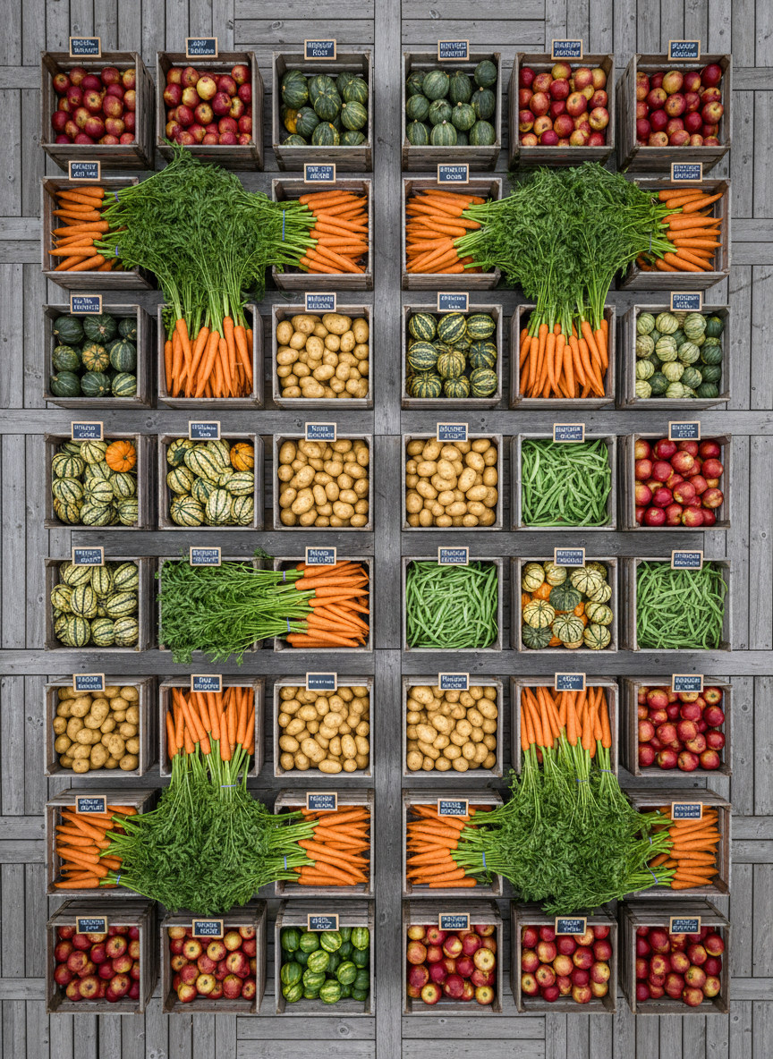 An overhead, bird’s-eye photographic view of an organized farm stand layout, designed like a miniature universe of produce. Square and rectangular wooden crates form a geometric grid, each filled with a single type of crop: tightly stacked orange carrots with green tops, smooth Yukon gold potatoes, striped heirloom squash, bright green beans, and ruby-red apples. Narrow pathways of worn wooden planks weave between the crates, suggesting easy navigation for community members. Soft, diffused overcast daylight from above eliminates harsh shadows, giving even illumination and rich, true-to-life colors. The composition emphasizes patterns and symmetry, with sharp focus across the frame, creating a calm, orderly, and professional visual that reflects an empowered network of local farm stands.