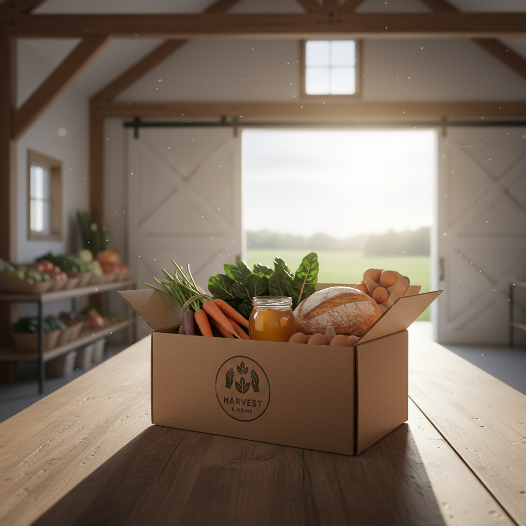 An intimate, photographic still life of a branded-style farm stand harvest box, placed on a smooth wooden table inside a clean, modern barn-like structure. The sturdy recycled cardboard box is open, revealing a curated selection of local farm stand items: neatly bundled rainbow carrots, a small glass jar of honey with a golden sheen, leafy greens, a crusty round loaf of artisan bread, and a carton of farm eggs. Through a large open doorway behind, soft afternoon daylight spills in, illuminating dust motes and casting gentle shadows on the table. The background shows blurred silhouettes of additional produce shelves and an open field beyond. Shot from a three-quarter angle with a shallow depth of field, the scene feels professional, trustworthy, and community-focused, symbolizing an organized network that empowers growers and nourishes neighbors.