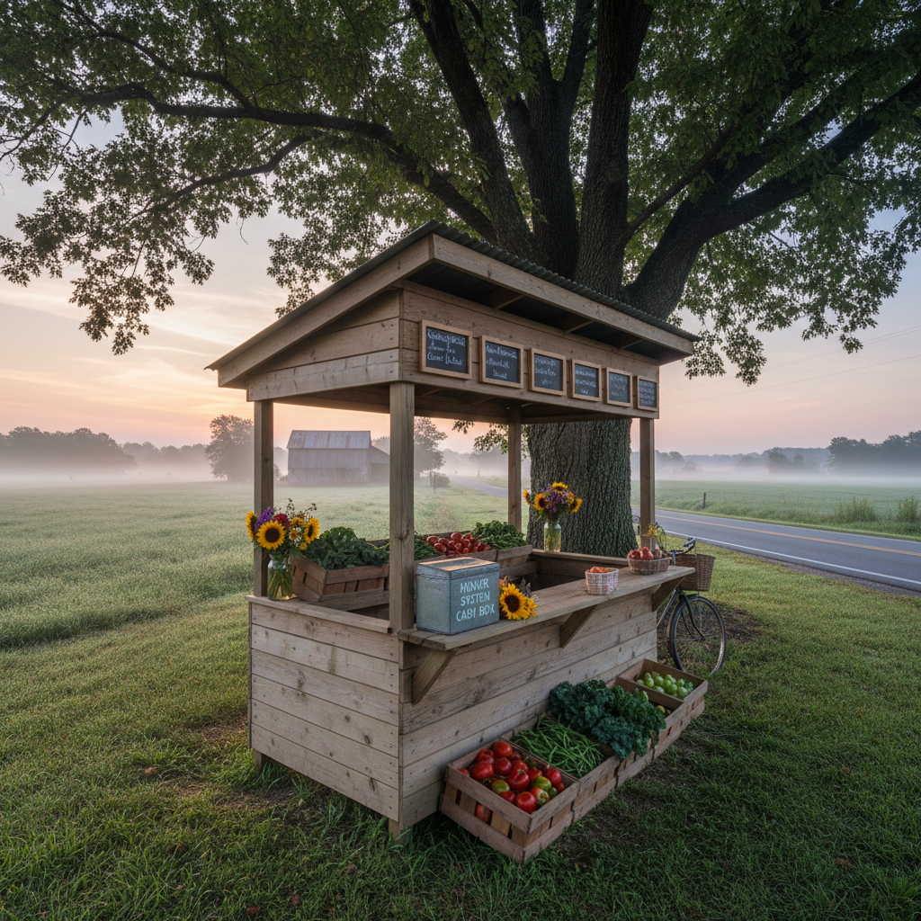 A serene, early-morning photographic scene of a self-serve farm stand along a quiet rural road outside Ashland, VA. A simple, well-crafted wooden kiosk sits under a broad oak tree, with neatly labeled but unreadable dark placards, and an honor-system cash box shown as a small metal container. Crates of freshly picked vegetables and a few bouquets of wildflowers rest on the shelves. A light mist hangs over the adjacent field, and the sky glows with soft pastel hues as the sun begins to rise. Gentle, diffused light creates soft highlights on the produce and subtle shadows under the stand’s roof. Shot from a low, three-quarter angle, the mood is peaceful, trustworthy, and community-centered, capturing the quiet dignity of local growers supporting their neighbors.