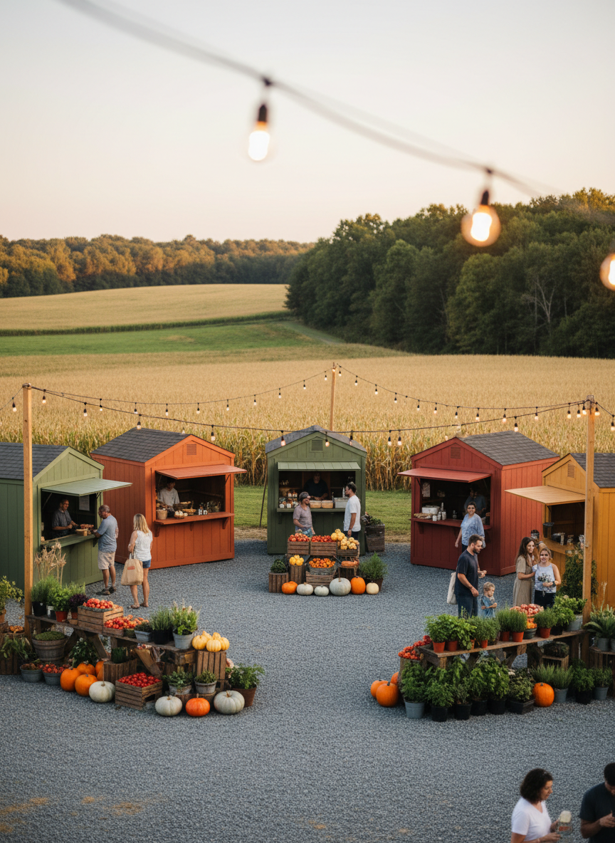 A wide, panoramic photographic scene of a cluster of local farm stands gathered in an open gravel lot on the edge of Ashland, VA farmland. Several distinct wooden booths, each painted in muted, earthy tones, form a semi-circle around a central space filled with potted herbs, seasonal pumpkins, and crates of mixed produce. In the distance, gently rolling fields and a tree line create a natural backdrop. Early evening light bathes the area in a soft, warm glow, with string lights overhead beginning to twinkle as abstract orbs of light, no readable text or signs visible. Captured at eye level with a moderate depth of field, the mood is communal, inclusive, and energetic, showcasing a vibrant network of growers connecting with their neighbors.