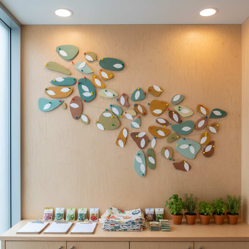 A detailed photographic view of a farm stand information and coordination area, without any people, designed to represent an inclusive community network. A large, smooth wooden wall features a cluster of colorful, abstract shapes resembling maps and connection lines, with small blank tags and pins suggesting locations of local stands, but no legible text. Below, a long counter holds clipboards, reusable produce bags, seed packets, and small potted herb starts arranged in an orderly fashion. Soft, indirect indoor lighting from overhead fixtures combines with faint daylight from a side window, casting gentle, diffuse shadows. Captured at eye level with sharp focus throughout, the composition feels clean, professional, and purposeful, visually conveying the idea of coordinating many Ashland-area farm stands into a cohesive Farm Stand Universe.